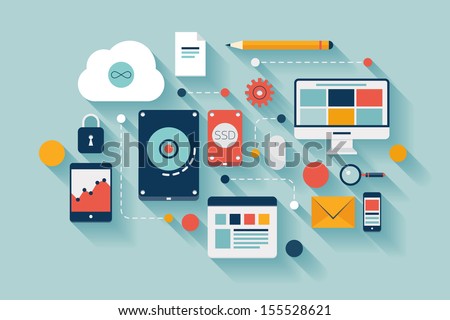 Flat design vector illustration concept of computer and connected mobile devices with links of transmission information on various data storage and cloud computing service on stylish background. 
