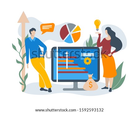 Flat design vector illustration concept of financiort. Calculations and graphsal investment, analytics with growth rep of gains on the stock market and real cash earnings.Office staff training.