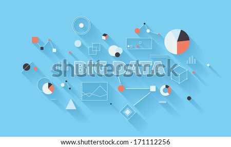 Flat design vector illustration concept of big data statistics and search analysis, complex process of advanced analytics, communication technology and large database research in different industry.