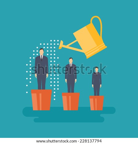 Flat design vector illustration concept for human resources management, helping employees to grow, work of hr, professional growth, career achievements isolated on bright background