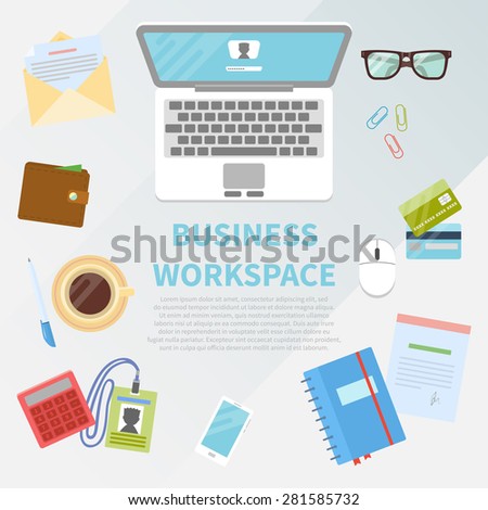 Flat design vector illustration concept of creative office workspace. Top view of desk background with laptop