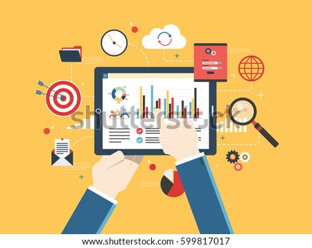 Flat design vector illustration concept of financial investment, analytics with growth report. Security and cloud data. Calculations and graphs of gains on the stock market and real cash earnings.