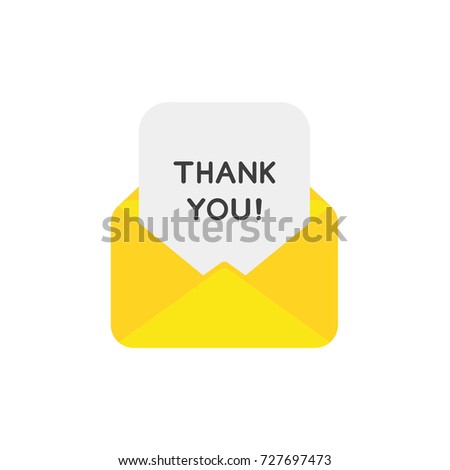 Flat design vector illustration concept of yellow open envelope mail or message symbol icon with thank you written on paper.