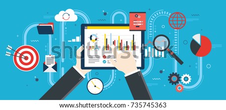 Flat design vector illustration concept of financial investment, analytics with growth report. Security and cloud data. Calculations and graphs of gains on the stock market and real cash earnings.