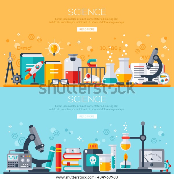 Flat design vector illustration concept of\
science. Horizontal banners set with scientist workplaces.\
Scientific Research, Chemical\
Experiment.