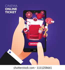 Flat design vector illustration concepts of online cinema ticket order. Hand holding mobile smart phone with online buy app.Vector illustrations.