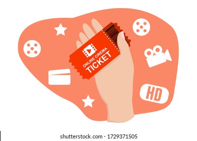 Diseño plano de conceptos vectoriales de orden de entradas de cine en línea. Mano con boleto de cine. Diseño de infografías creativas planas vectoriales modernas. Boletos de cine. Icono de cine aislado en estilo plano 