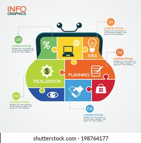 Flat design vector illustration concepts of banking. Purse consisting of puzzles, icons surrounded by text and figures. Creative vector template