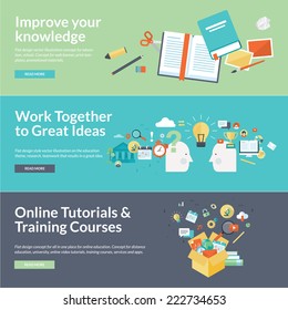 Flat design vector illustration concepts for education. Concepts for online tutorials, training courses, teamwork, research, university, distance education.     