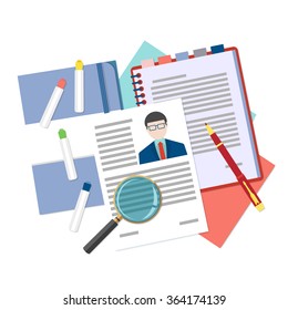 Flat design vector illustration concepts for human resource and recruitment. Searching the curriculum vitae and profile of employees. 
