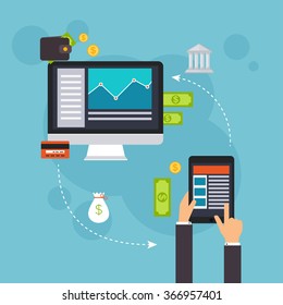 Flat design vector illustration concepts of online payment methods. Internet banking, online purchasing and transaction, electronic funds transfers and bank wire transfer.