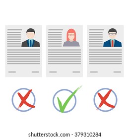 Flat design vector illustration concepts for human resource and recruitment. Searching the curriculum vitae and profile of employees. 