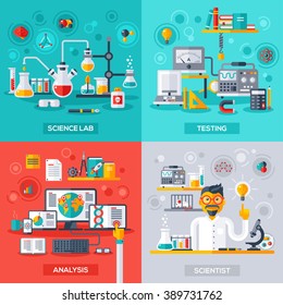 Flat design vector illustration concepts of education and science. Lab, Testing, Analysis and Scientist.