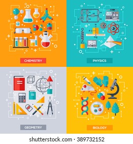 Flat design vector illustration concepts of education and science. Chemistry, Biology, Physics and Geometry.