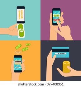 Flat design vector illustration concepts of online payment methods. Internet banking, online purchasing and transaction, electronic funds transfers and bank wire transfer.