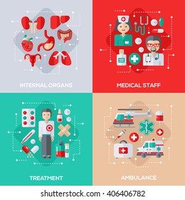 Flat Design Vector Illustration Concepts of Healthcare and Medicine. Internal Organs, Medical Staff, Patient Treatment, Ambulance Vehicles