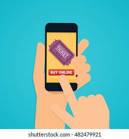 Flat design vector illustration concepts of online cinema ticket order. Hand holding mobile smart phone with online buy app. Vector modern flat creative info graphics design.