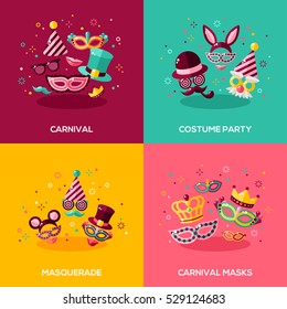 Flat Design Vector Illustration Concepts Of Carnival, Photo Booth Party, Funfair Or Masquerade Ball. Square Banners With Mask, Hat, Smiling Lips And Confetti.