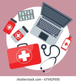 Conceptos de Ilustración vectorial de diseño plano de atención médica y medicina. Farmacia, Medicamentos y Píldoras. Equipo médico, estetoscopio