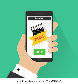 Flat design vector illustration concepts of online cinema ticket. Hand holding mobile smart phone with online buy app. Vector modern flat creative info graphics design.