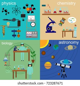 Flat design vector illustration concepts of education and science. Square banners with science symbols. Science Lab, Testing, Analysis, Scientist.