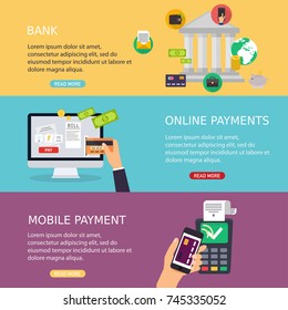 Flat Design Vector Illustration Concepts Of Online Payment Methods. Internet Banking, Purchasing And Transaction, Electronic Funds Transfers And Bank Wire Transfer.