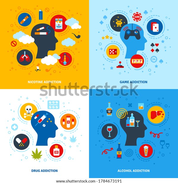 Flat Design\
Vector Illustration Concepts of Nicotine, Game, Alcohol, Drug\
Addictions. Human head flat icons, psychology logo. Bad habits\
collection, alcoholism, smoking,\
gambling.