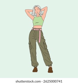 Flat design vector illustration of confident woman with silver hair, wearing green top, cargo pants, pink belt and brown shoes, standing casually with hands behind head on light green background.