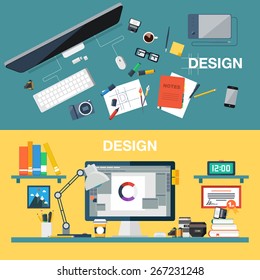 Flat design vector illustration of creative design office workspace, designer workplace. Top view of desk background with digital devices, photo equipment, office objects, books and documents.