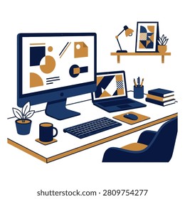Flat design vector illustration of a creative workspace featuring a desktop computer laptop keyboard coffee mug and office chair