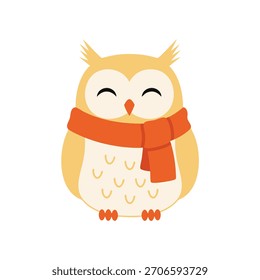 A flat design vector illustration of a cute and happy owl wearing a scarf