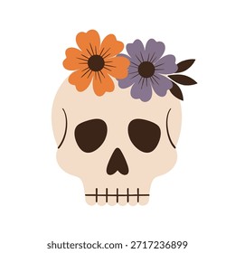 Um vetor de design plano ilustração de um crânio decorativo adornado com flores