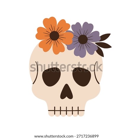 A flat design vector illustration of a decorative skull adorned with flowers