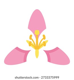 Flat design vector illustration of a delicate pink and white flower with vibrant yellow stamen and pistil, isolated on a clean white background, conveying natural beauty.