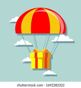  Diseño plano. Ilustración vectorial. Servicio de entrega. Paracaidismo con paquete, regalo en el cielo. Vacaciones, concepto de entrega.
