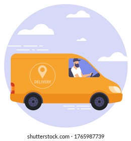Flat design vector illustration of delivery van. Online delivery service concept, online order tracking, delivery home and office.