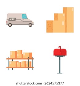 Flat design vector illustration of delivery service icons set including mail. Van. Packages. Mailbox. Shipping. Logistics. Parcel. Truck. Courier. Box. Transport. Storage. Shipment. Online shopping