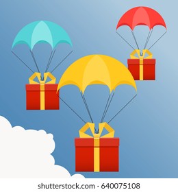 Flat design. Vector illustration. Delivery service. Parachute with parcel, gift in the sky. Holidays, delivery concept.