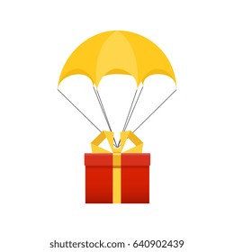 Flat design. Vector illustration. Delivery service. Parachute with parcel, gift in the sky. Holidays, delivery concept.