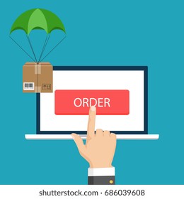 Flat design. Vector illustration. Delivery service. Parachute with parcel in the sky. Shipping, delivery concept. 