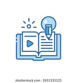 Flat design vector illustration depicting an online education concept. Tablet, open book, video, lightbulb and pencil are blue hues.
