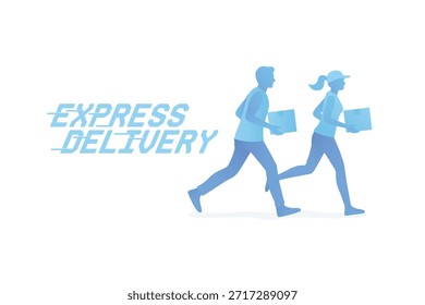 Una Ilustración vectorial de diseño plano que representa a un mensajero hombre y mujer corriendo rápidamente mientras transporta paquetes, simbolizando servicios de entrega rápida y eficiente para el comercio electrónico y la logística.