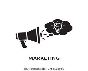 Flat design vector illustration depicting a creative marketing idea with a megaphone amplifying a glowing lightbulb, ideal for advertising, business campaigns, and promotional content.