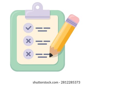 A flat design vector illustration depicting a clipboard with a checklist and a pencil. The checklist shows one completed task with a checkmark and two uncompleted tasks marked with crosses. This graphic is suitable for concepts related to task management, surveys, planning, or assessment.