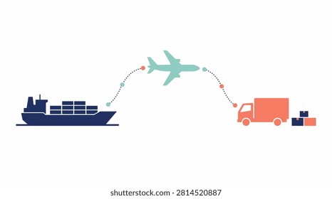  A flat design vector illustration depicting a cargo ship, airplane, and delivery truck connected along a single logistics route, symbolizing global supply chain, international shipping, and logistics management, isolated on a clean white background with no text or gradients.