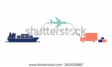  A flat design vector illustration depicting a cargo ship, airplane, and delivery truck connected along a single logistics route, symbolizing global supply chain, international shipping, and logistics management, isolated on a clean white background with no text or gradients.