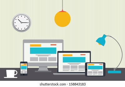 Flat design vector illustration of designer desktop