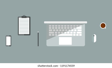 Flat design vector illustration of a desk with laptop, mouse phone pencil storyboard and coffee cup. EPS10 compatible