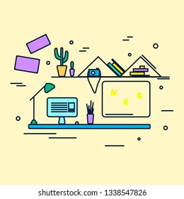 Flat design vector illustration of desktop. Minimalistic modern desktop computer a on designer workplace in trendy color. Room in simple style.