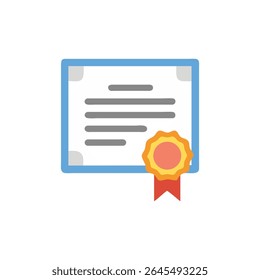 A flat design vector illustration of a diploma. Features a blue border, seal and ribbon. Suitable for education and achievement themes.